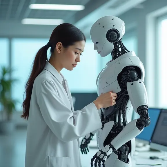 Illustration of an engineer assembling a humanoid robot